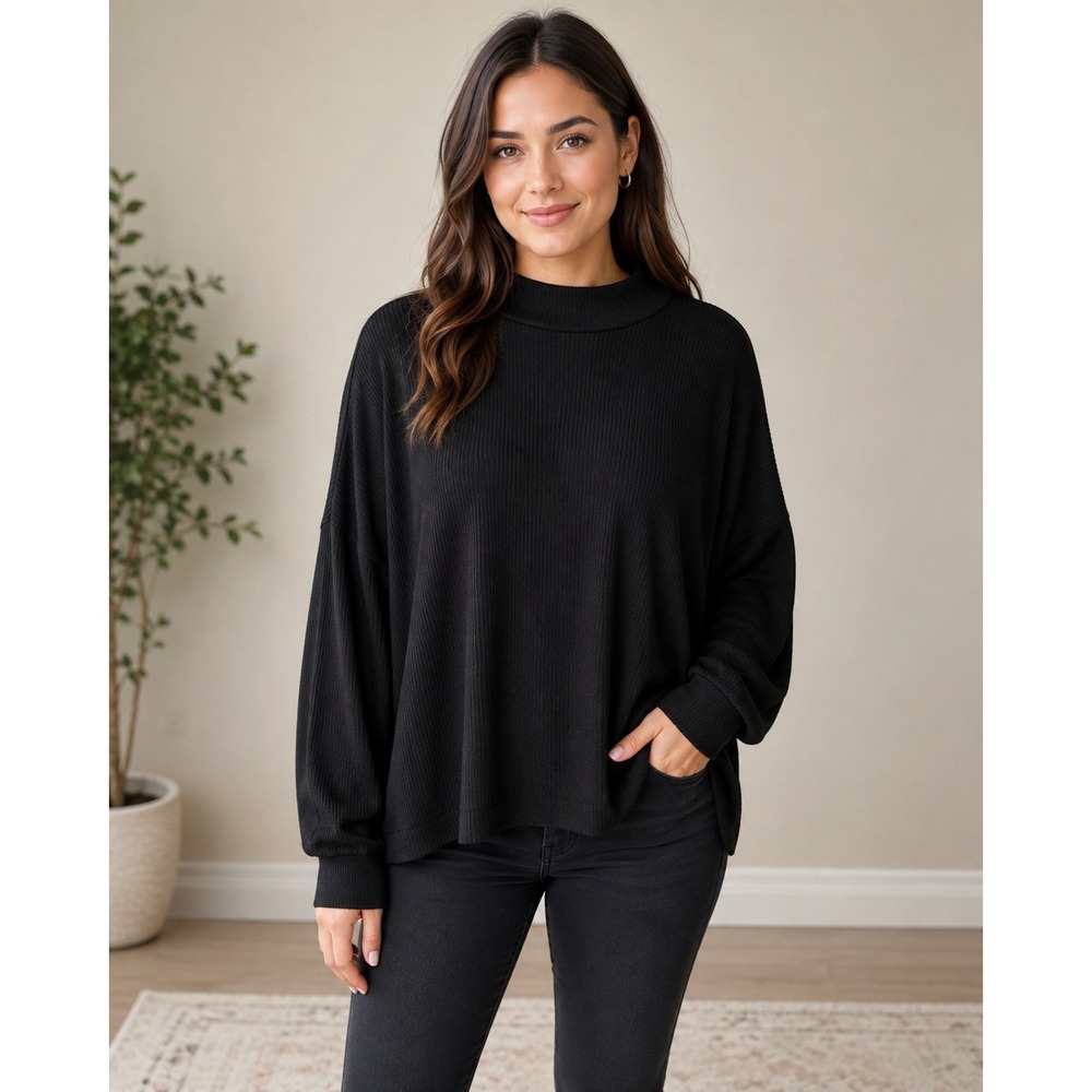Lucky Brand Ribbed Mock Neck Sweater XXL Black Oversized Drop Shoulder Cozy Knit